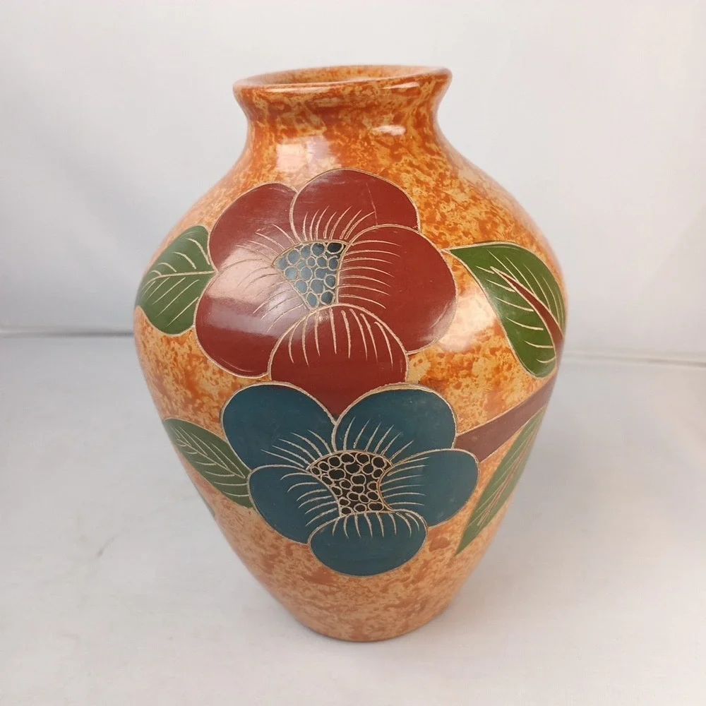 Handmade Pottery Vase Red Clay Toucans And Flowers Etched 5.5